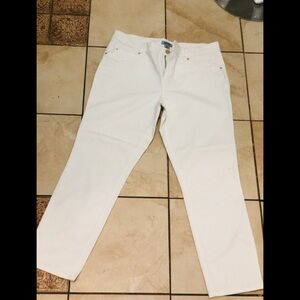 DKNY white jeans with gold buttons and logo
